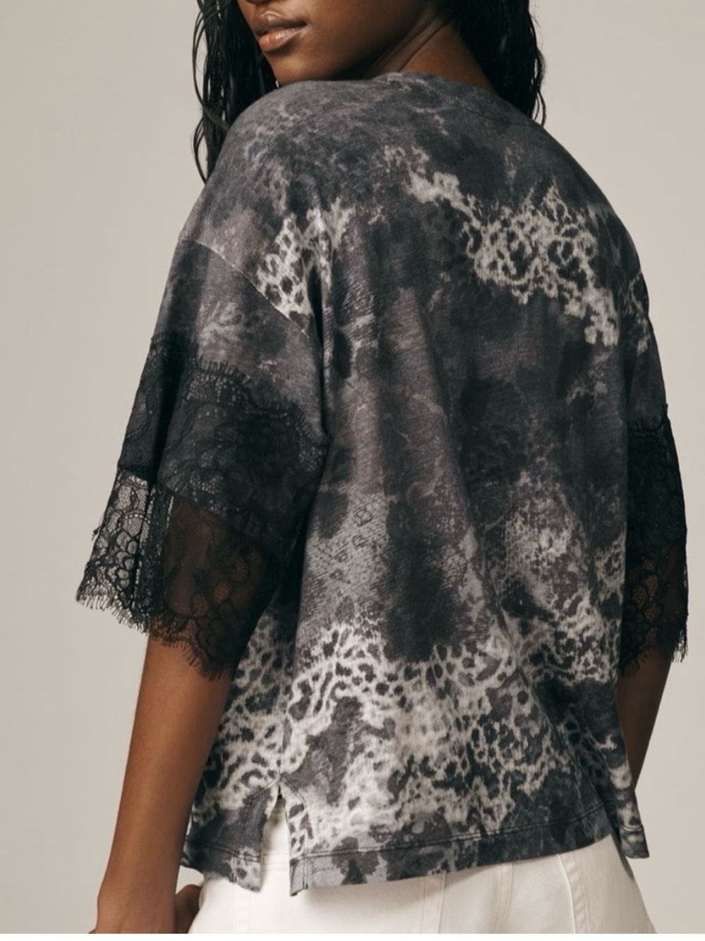 Anthropologie Short Sleeve Lace-Trim Python Print Tee in Black and Gray